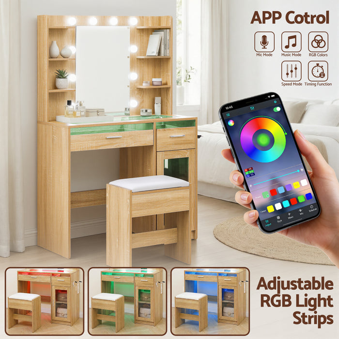 Dressing Table Vanity Desk Set 10 Led Bulbs Rgb Light Wood
