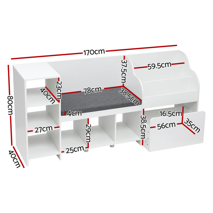 Kids Storage Unit Bookshelf Toy Box Organiser Bench Seat Cabinet 170cm White