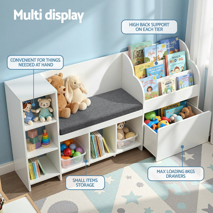 Kids Storage Unit Bookshelf Toy Box Organiser Bench Seat Cabinet 170cm White