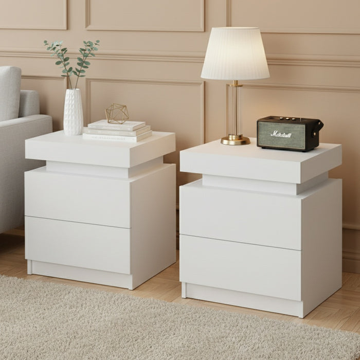 2X Bedside Table 2 Drawers Lift-Up Storage White