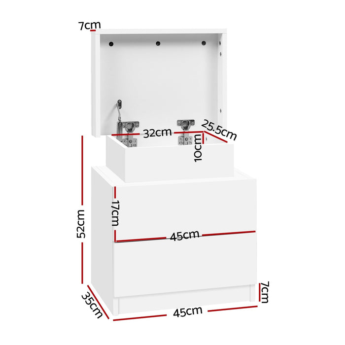 2X Bedside Table 2 Drawers Lift-Up Storage White