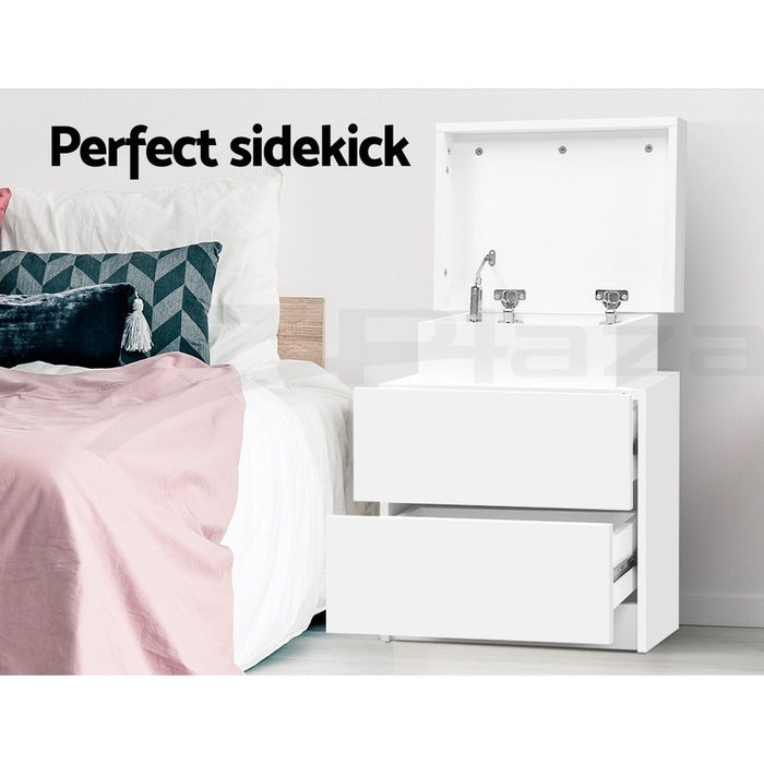 2X Bedside Table 2 Drawers Lift-Up Storage White