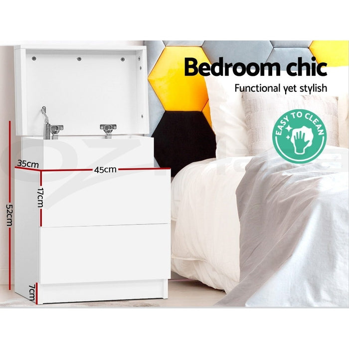 2X Bedside Table 2 Drawers Lift-Up Storage White