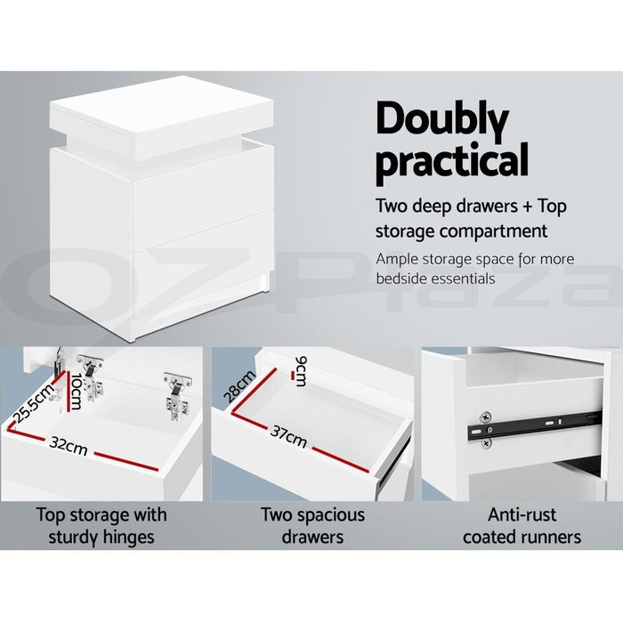 2X Bedside Table 2 Drawers Lift-Up Storage White