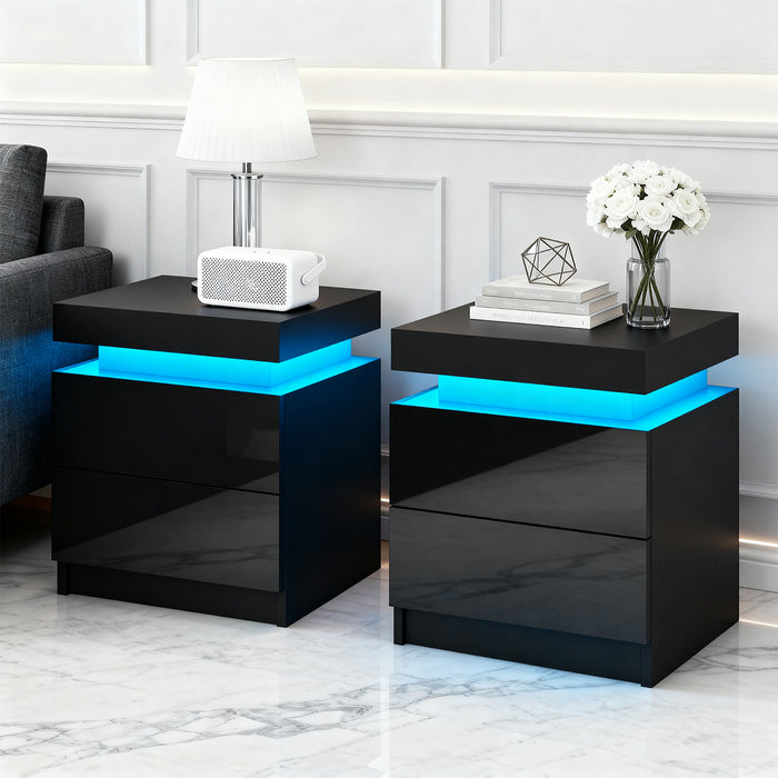 2X Bedside Table Led 2 Drawers Lift-Up Storage Coley Black