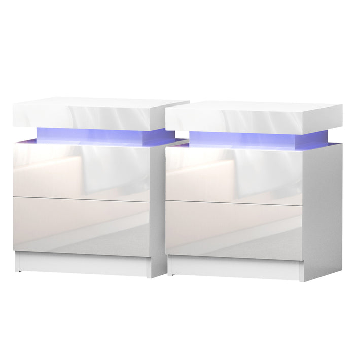 2X Bedside Table Led 2 Drawers Lift-Up Storage Coley White