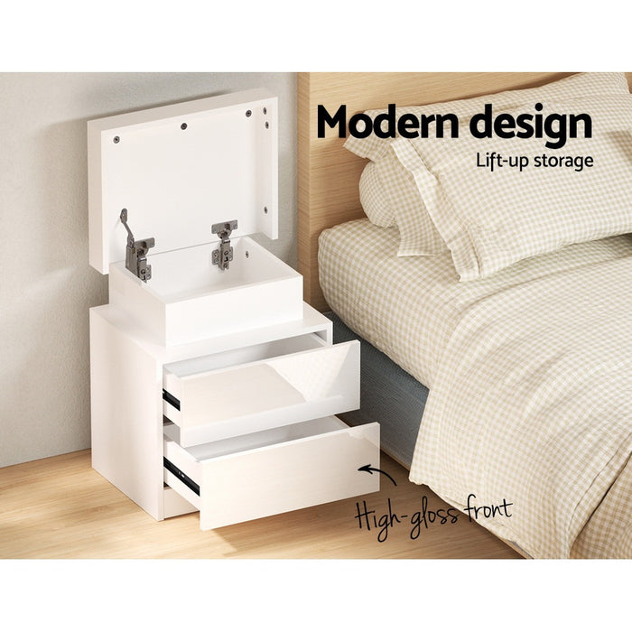 2X Bedside Table Led 2 Drawers Lift-Up Storage Coley White