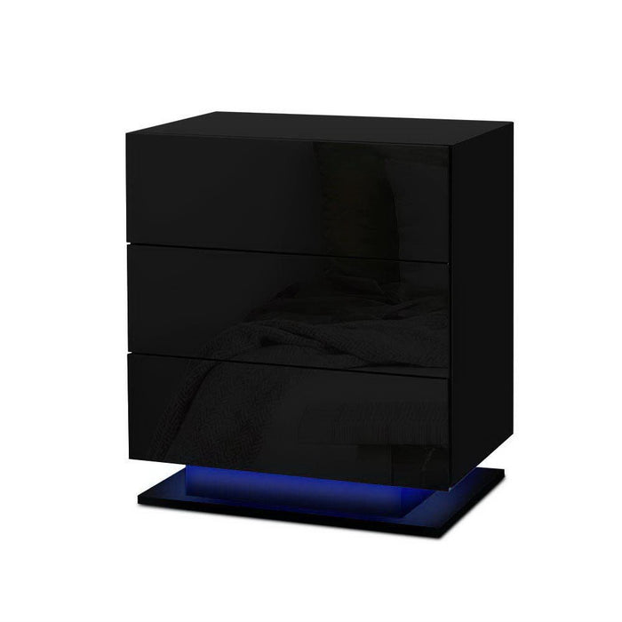 2X Bedside Table Led 3 Drawers Mori Black