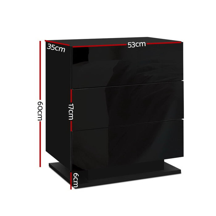 2X Bedside Table Led 3 Drawers Mori Black