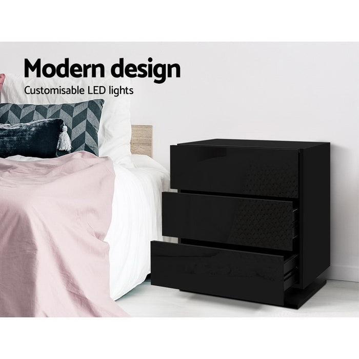 2X Bedside Table Led 3 Drawers Mori Black