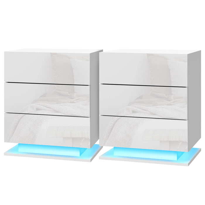 2X Bedside Table Led 3 Drawers Mori White