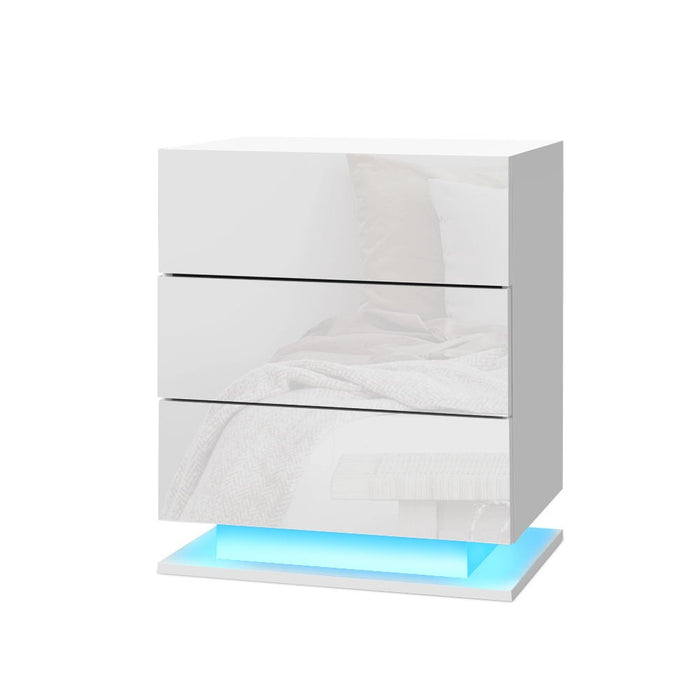 2X Bedside Table Led 3 Drawers Mori White