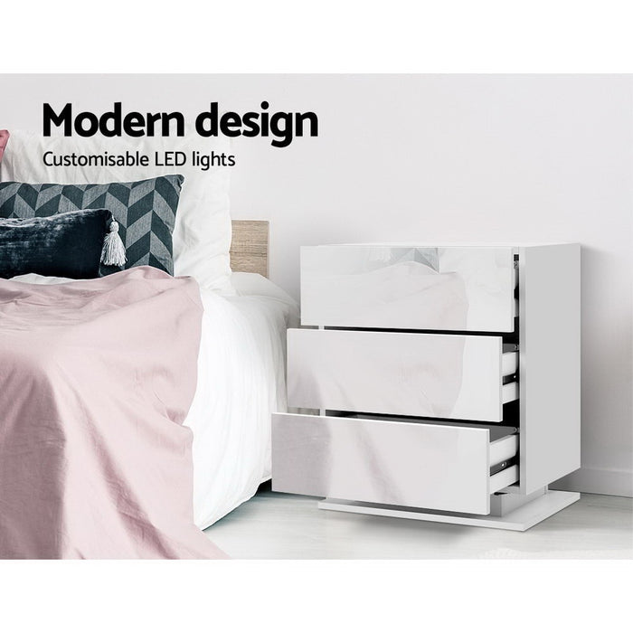 2X Bedside Table Led 3 Drawers Mori White