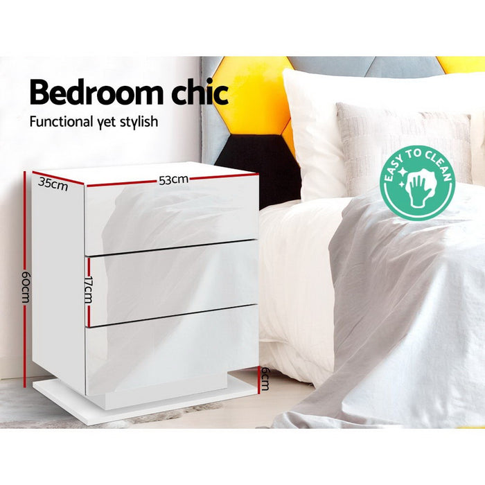 2X Bedside Table Led 3 Drawers Mori White