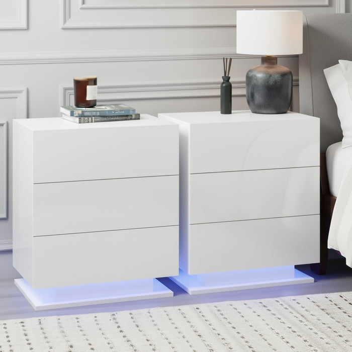 2X Bedside Table Led 3 Drawers Mori White
