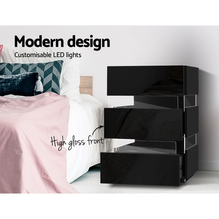 2X Bedside Table Led 3 Drawers Lumi Black