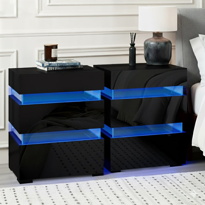 2X Bedside Table Led 3 Drawers Lumi Black