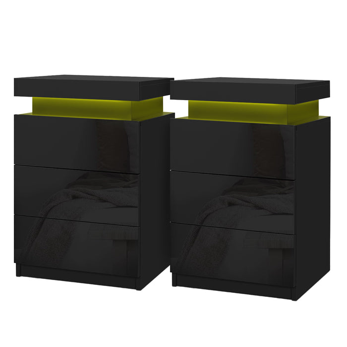 2X Bedside Table Led 3 Drawers Coley Black