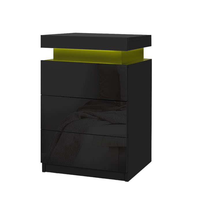 2X Bedside Table Led 3 Drawers Coley Black