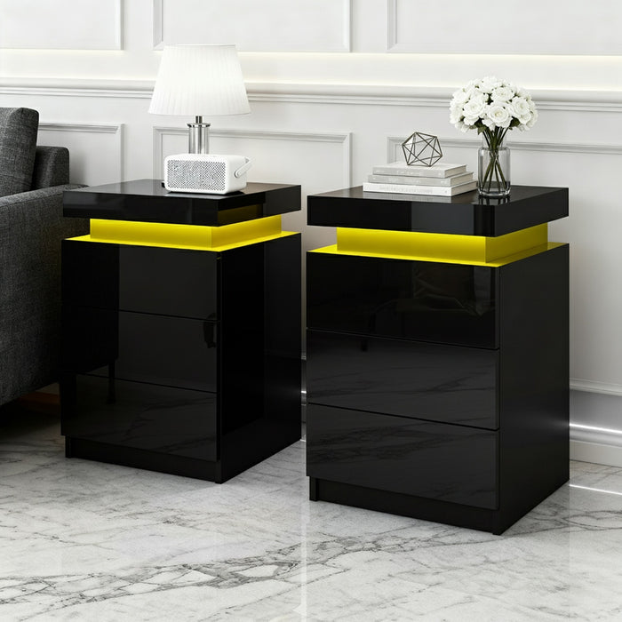 2X Bedside Table Led 3 Drawers Coley Black