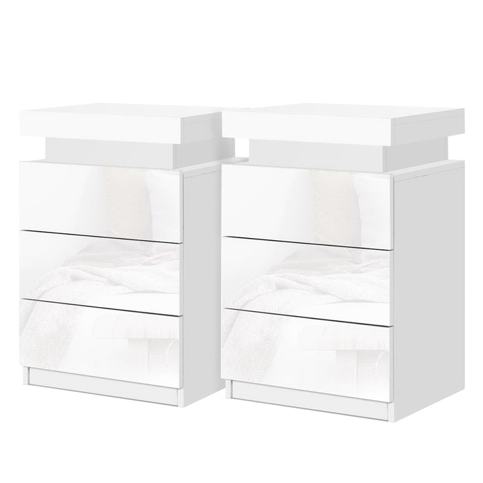 2X Bedside Table Led 3 Drawers Coley White