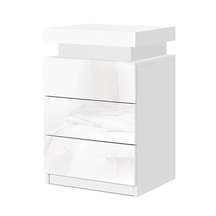 2X Bedside Table Led 3 Drawers Coley White