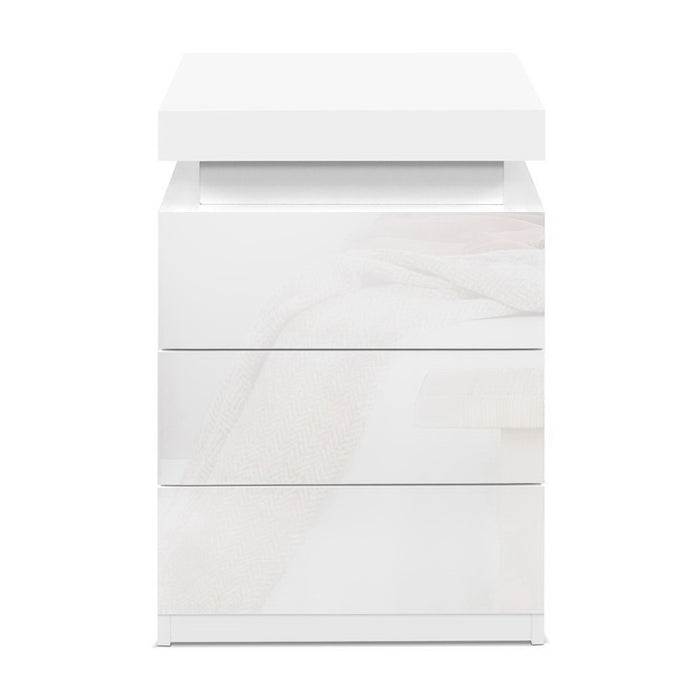 2X Bedside Table Led 3 Drawers Coley White