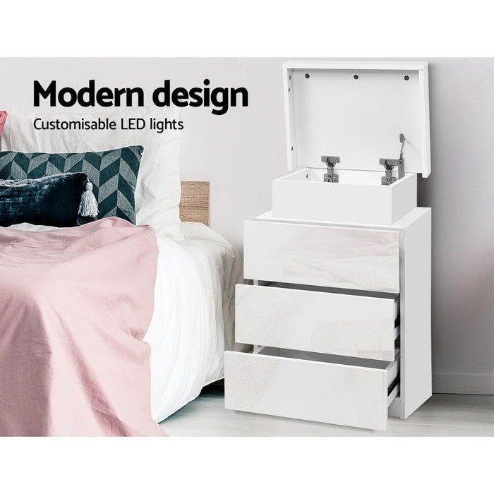 2X Bedside Table Led 3 Drawers Coley White