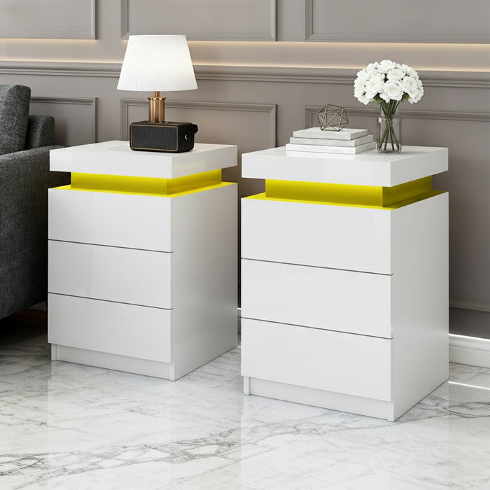 2X Bedside Table Led 3 Drawers Coley White