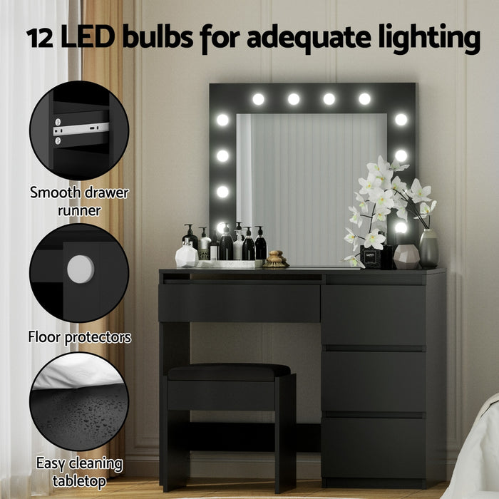 Dressing Table Set Stool 12 Led Bulbs Black