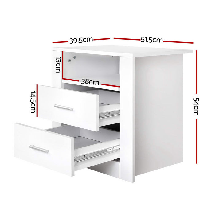2 X Bedside Table 2 Drawers With Shelf Tara White