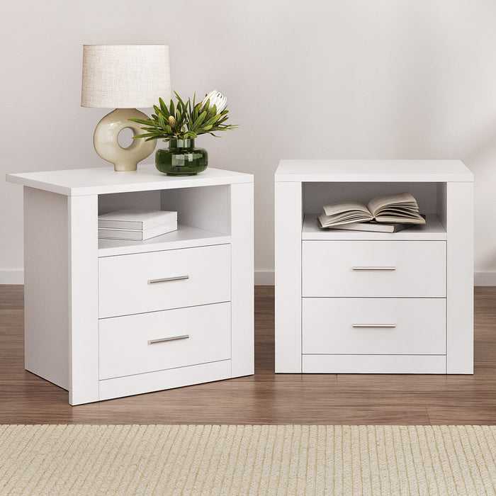 2 X Bedside Table 2 Drawers With Shelf Tara White