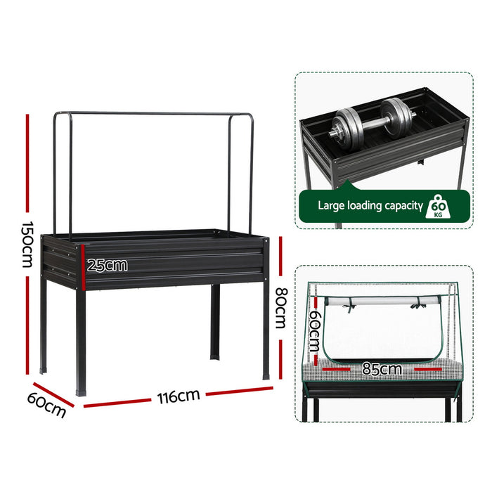 Elevated Metal Garden Bed Kit W Mini Greenhouse Cover 116X60cm Stand-Up Height Trellis