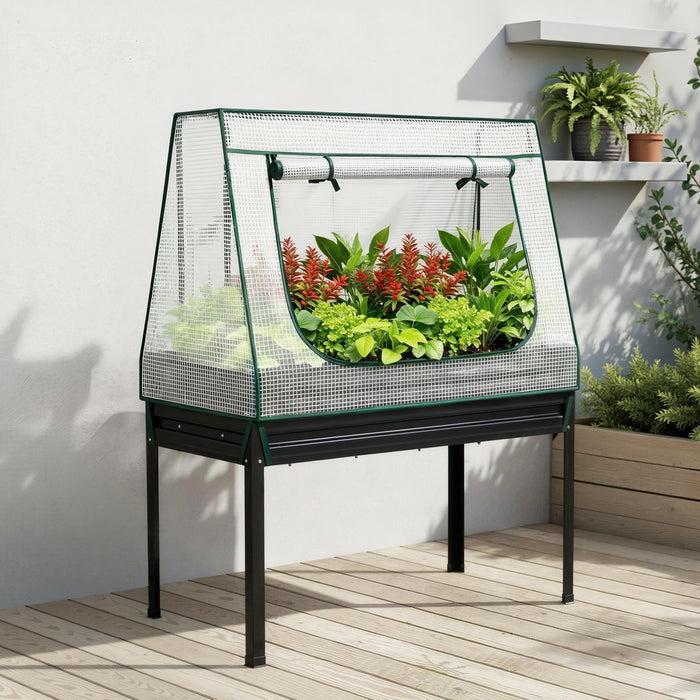 Elevated Metal Garden Bed Kit W Mini Greenhouse Cover 116X60cm Stand-Up Height Trellis