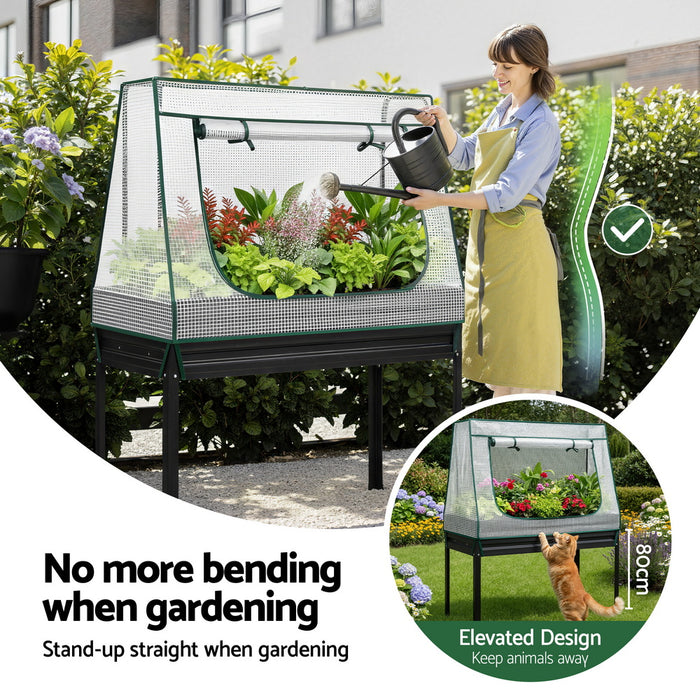 Elevated Metal Garden Bed Kit W Mini Greenhouse Cover 116X60cm Stand-Up Height Trellis