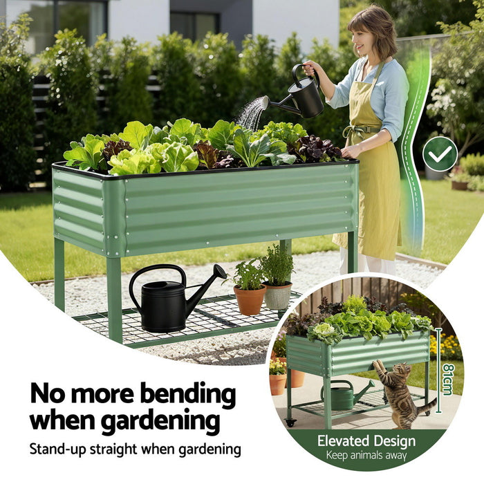 Elevated Raised Garden Bed Kit Mobile W/ Locking Wheels & Storage Shelf 100Kg Max Load 115X60X81cm | Galvanized Steel, Portable Green Organizer For Seniors, Patio, Balcony, Vegetables