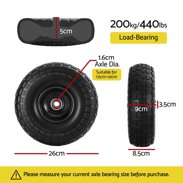 2pcs 4.10/3.50-4 Tire And Wheel Flat Free 26cm Solid Rubber Tires With 5/8 Axle Bore Hole And Double Sealed Bearings Perfect For Wheelbarrow Garden Cart Wagon Dolly