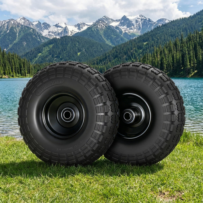 2pcs 4.10/3.50-4 Tire And Wheel Flat Free 26cm Solid Rubber Tires With 5/8 Axle Bore Hole And Double Sealed Bearings Perfect For Wheelbarrow Garden Cart Wagon Dolly