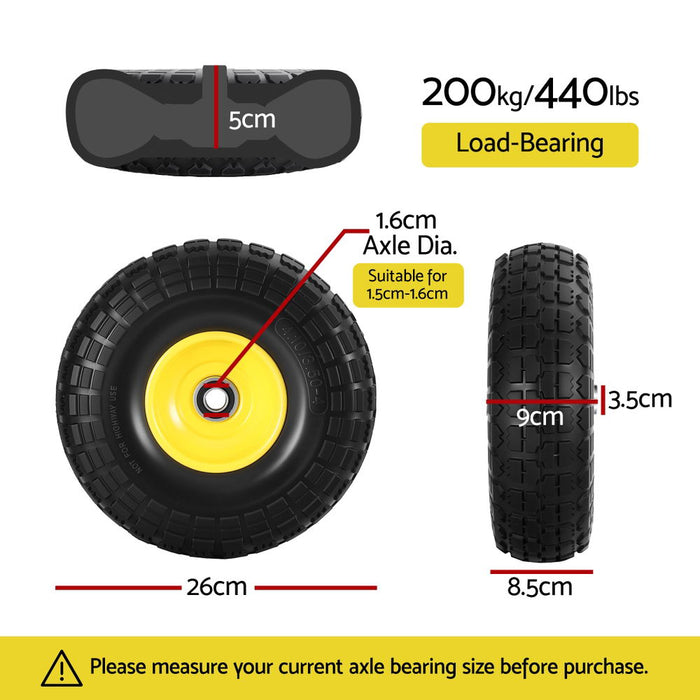 2pcs 4.10/3.50-4 Tire And Wheel Flat Free 26cm Solid Rubber Tires With 5/8 Axle Bore Hole And Double Sealed Bearings Perfect For Wheelbarrow Garden Cart Wagon Dolly