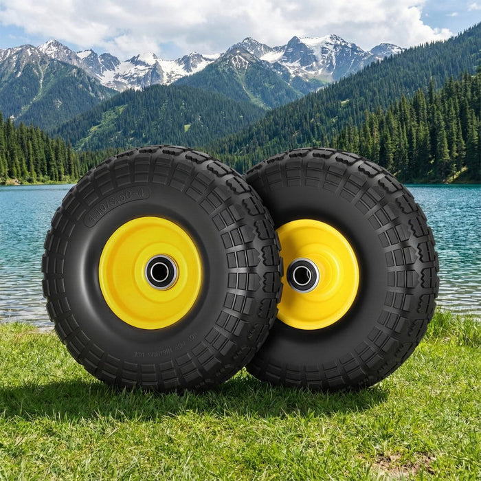 2pcs 4.10/3.50-4 Tire And Wheel Flat Free 26cm Solid Rubber Tires With 5/8 Axle Bore Hole And Double Sealed Bearings Perfect For Wheelbarrow Garden Cart Wagon Dolly