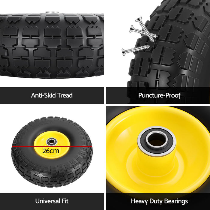2pcs 4.10/3.50-4 Tire And Wheel Flat Free 26cm Solid Rubber Tires With 5/8 Axle Bore Hole And Double Sealed Bearings Perfect For Wheelbarrow Garden Cart Wagon Dolly