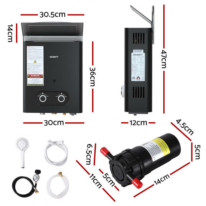 Portable Gas Water Heater Lpg-Powered System Black With Pump