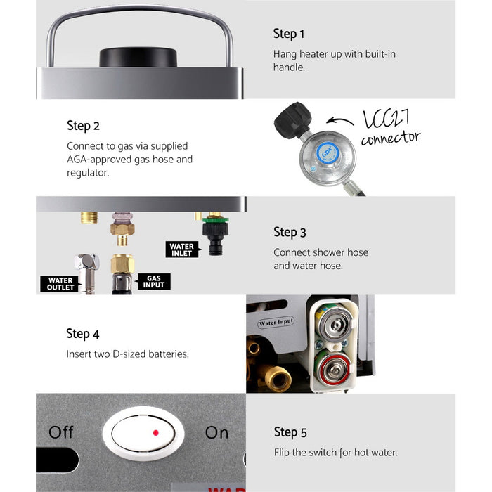 Portable Gas Water Heater 8L/Min With Pump Lpg System Grey