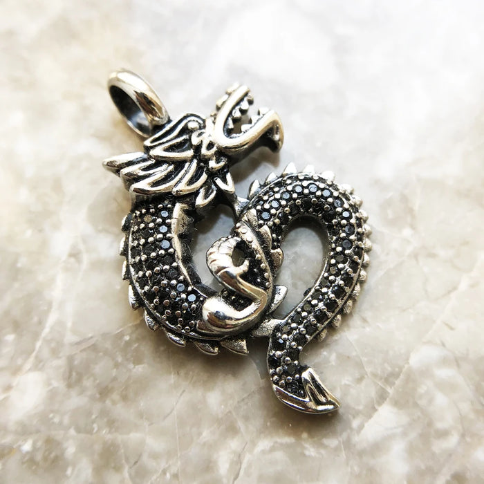 925 Sterling Silver Dragon Cz Pendant Vintage European Jewelry Unisex Gift