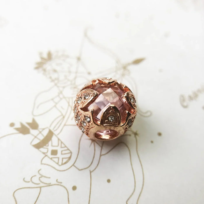 925 Sterling Silver Lotus Beads Pink & Rose Gold Rhinestone Jewelry Gift For Women & Men