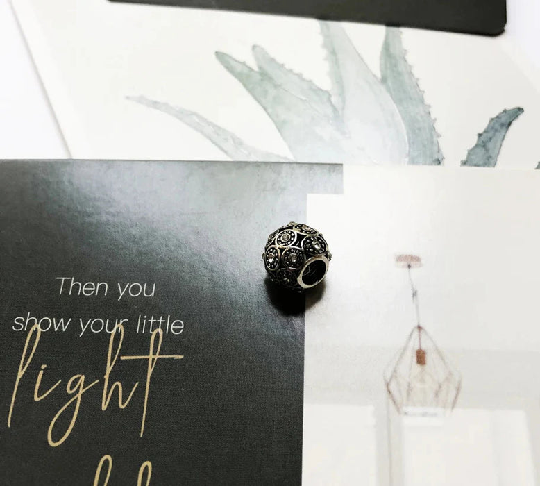 925 Sterling Silver Art Deco Black Beads Charm European Jewelry Gift