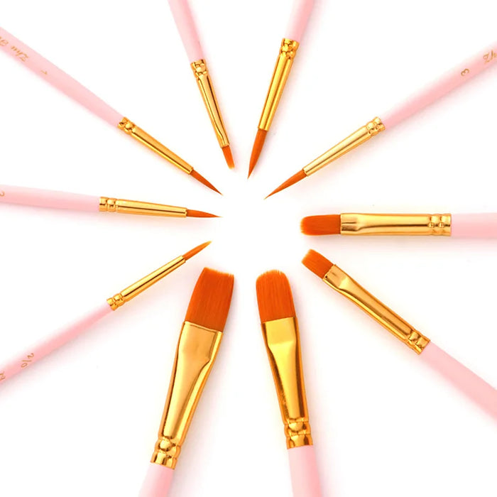 10 Piece Art Brush Set For Acrylic Gouache Oil Watercolour Wooden Handle Synthetic Nylon Tips