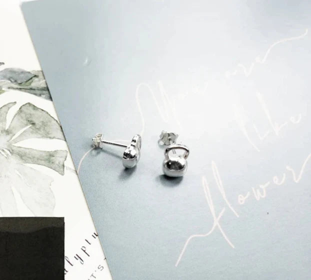 925 Sterling Silver Sporty Glam Kettlebell Stud Earrings