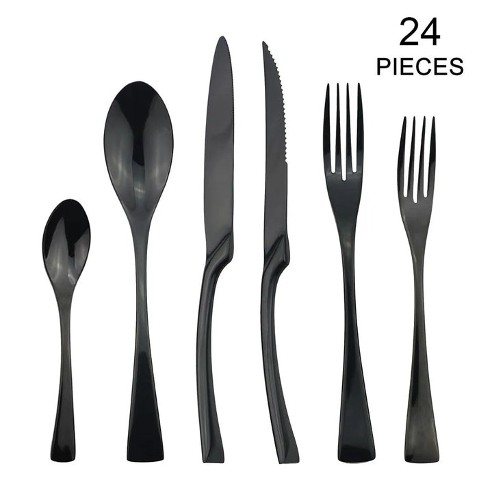24 Piece Stainless Steel Dinnerware Set Black Cutlery Tableware