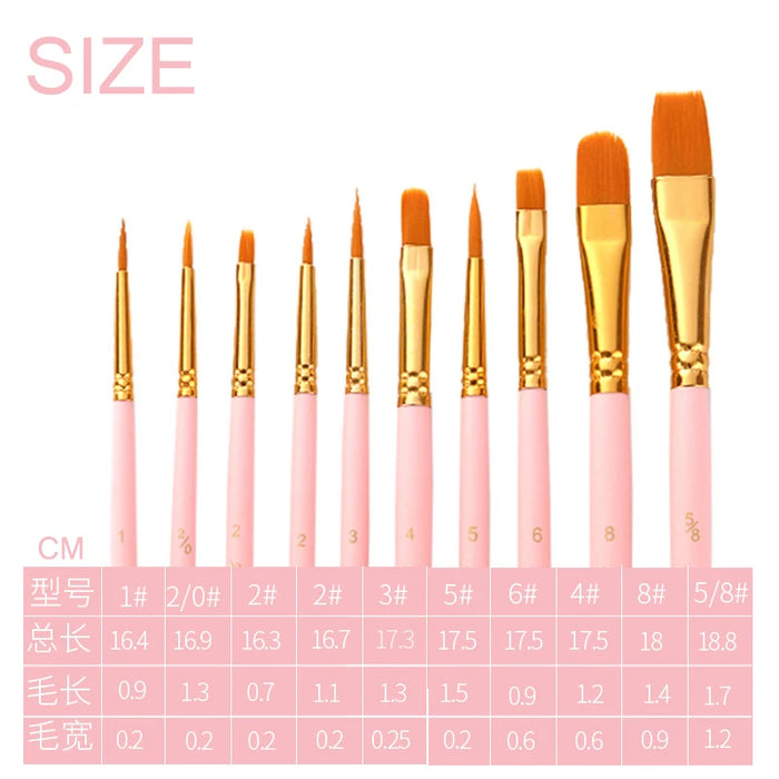 10 Piece Art Brush Set For Acrylic Gouache Oil Watercolour Wooden Handle Synthetic Nylon Tips